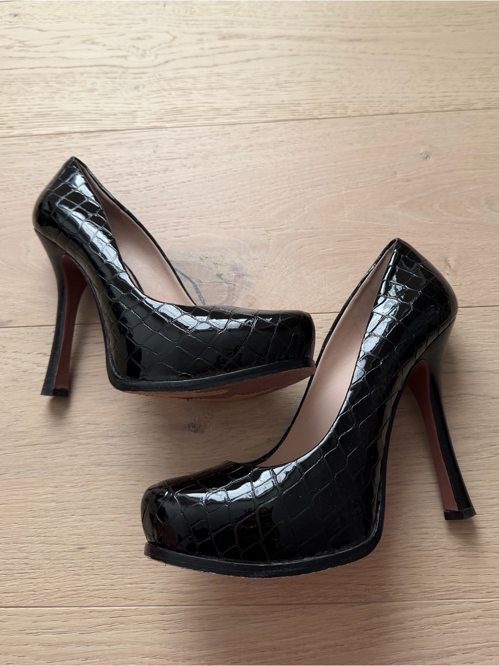 Black Patent Croc Embossed Platform High Heel Pumps